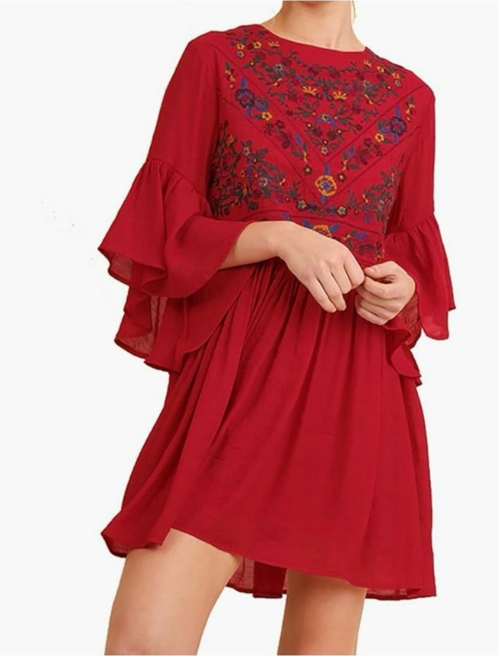 Umgee Boho Bliss Floral Embroidered Bell Sleeve Mini Dress Red Medium